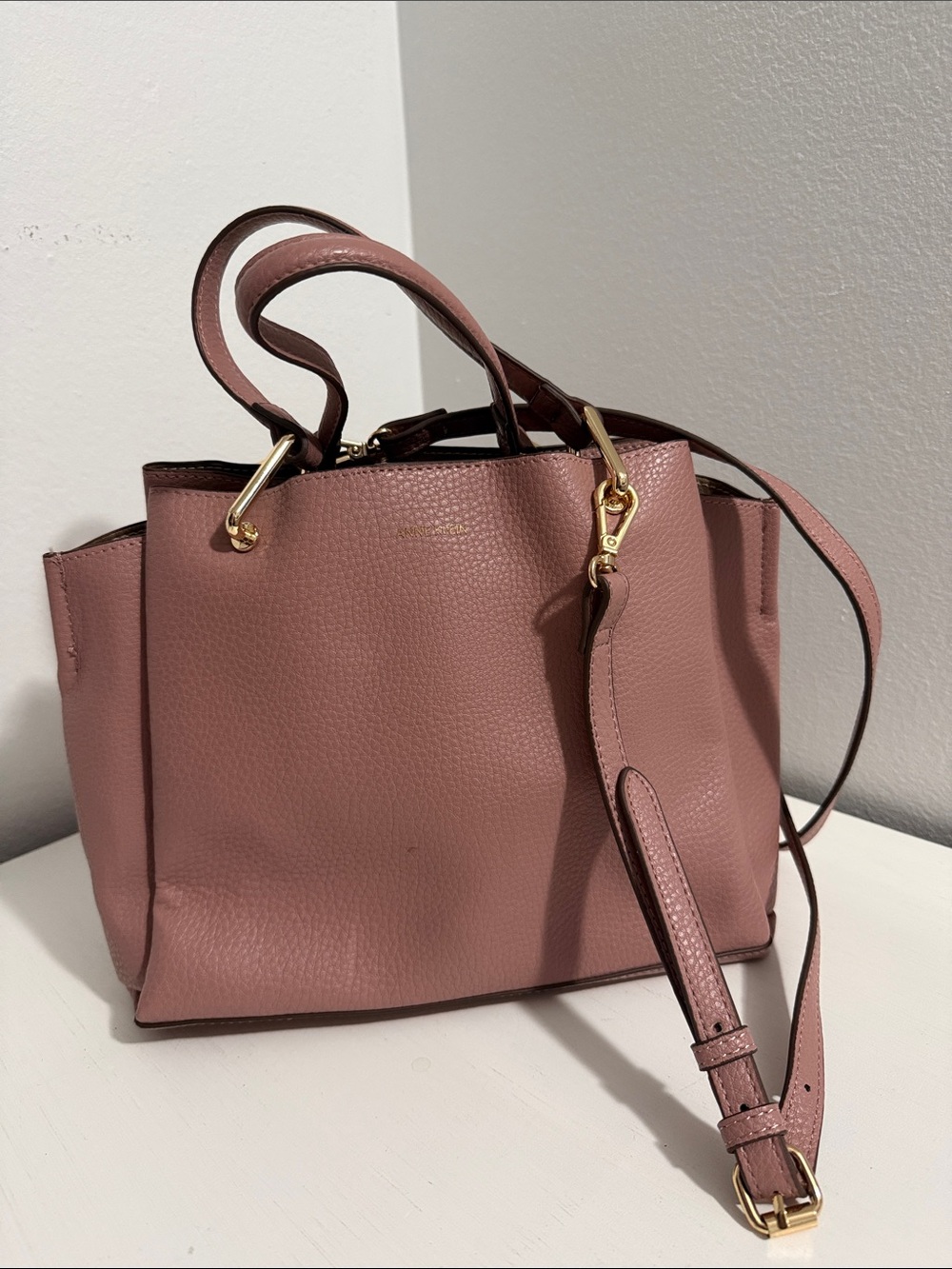 Anne Klein Rose Pink Pebbled Leather Shoulder Tote with Gold Hardware